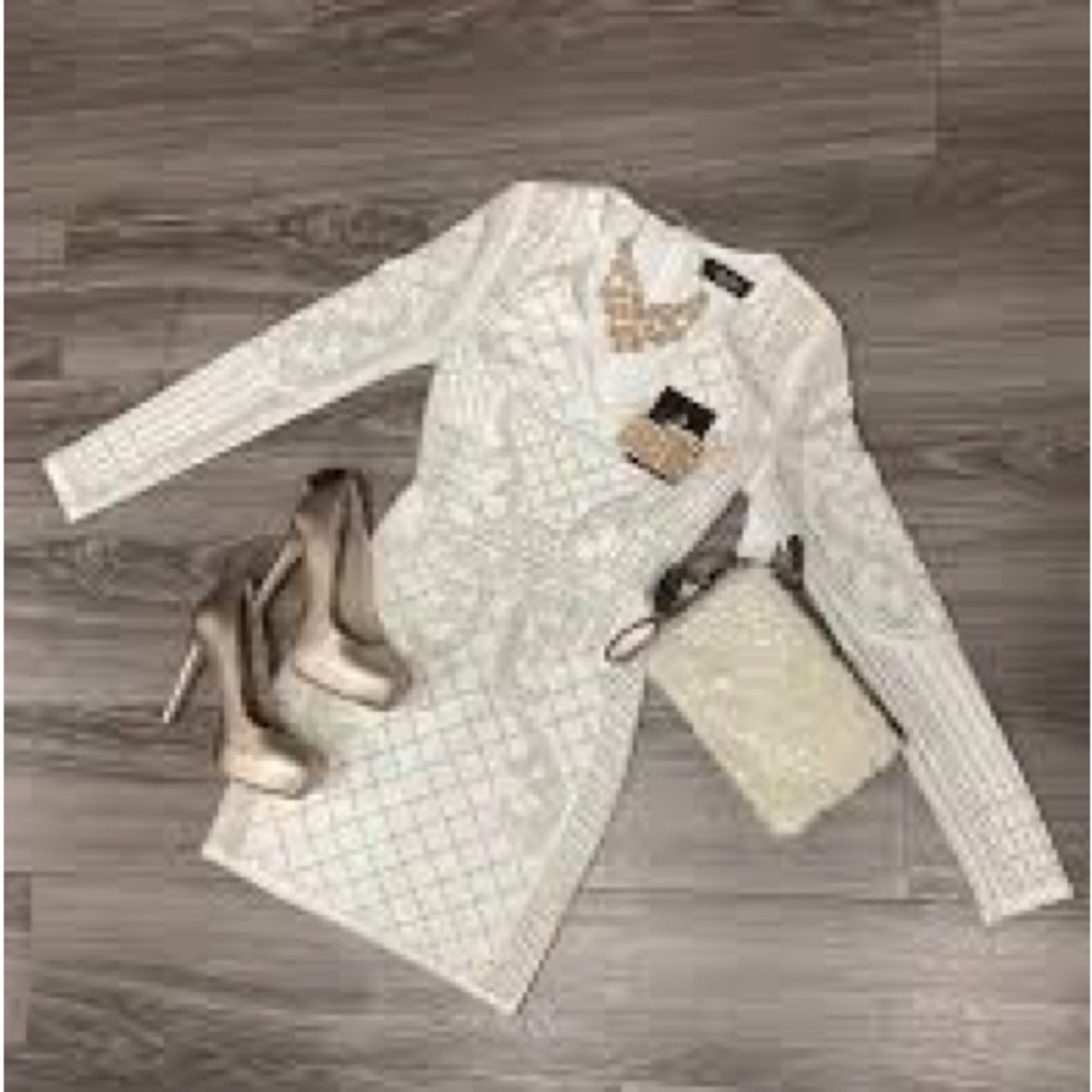 Hot Miami Styles White Rhinestone Pearl Quilted V Neck Long Sleeve Dress M - Picture 3 of 5